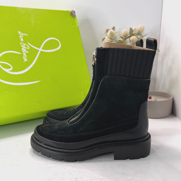 Sam Edelman Leone Suede Lug Sole Chelsea Boots Front Zipper Black Women's 5.5 M - Picture 1 of 11